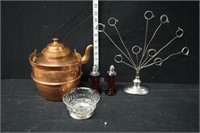 Copper (?) Teapot, Salt & Pepper Shakers