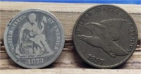 1873 Seated Dime & 1857 Flying Eagle Cent, F