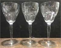 3 VINTAGE ETCHED CRYSTAL WINE GLASSES
