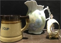 3 VINTAGE PIECES: PITCHER, 3/4 CUP, EGG DECOR