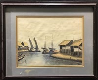 FRAMED WATERCOLOR PICTURE BOATS HUTS
