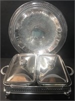 VINTAGE SILVERPLATE ROUND TRAY AND DOUBLE SERVER