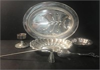 6 SILVERPLATE ITEMS: 2 BOWLS TRAY CANDLE TONGS