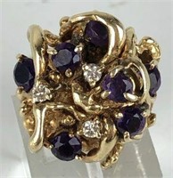 14K Gold Ring with Purple & Clear Stones
