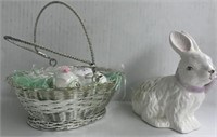 SILVER BASKET WITH EASTER EGGS AND RABBIT