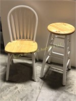 Matching white and wood stool and chair