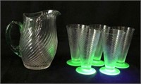 Vaseline Footed Glasses & Pitcher with Green