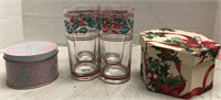 4 CHRISTMAS GLASSES 2 LIDDED CONTAINERS