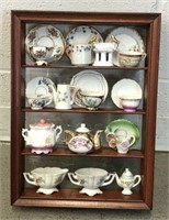 Miniature Teapots, Cups & Saucers in Wood Shelf