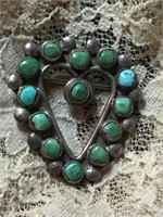 Sterling 1 1/4" Turquoise & Sterling Heart Pin