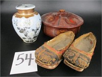 Lot (3) Wooden Bowl, Vase & Oriental Shoes
