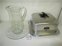 Lot (3) Cake Carrier, Etched Plated & Pitcher
