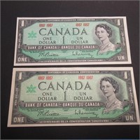 LOT OF 2 CANADA CENTENNIAL DOLLAR NOTES