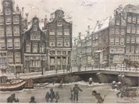 Anton Pieck print of a scene in downtown Amsterdam