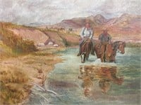 Old original oil on canvas of cowboys leading a mu