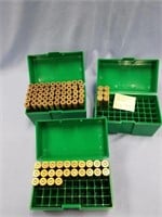 Lot of 3 plastic ammo boxes, 1 is full of 375 H&H
