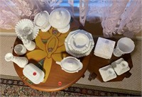 Contents on side tables White Milk Glass