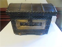 SMALL ORNATE BANDED PRIMITIVE TRUNK ON WHEELS