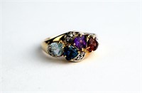10K GOLD RING WITH DIAMONDS & COLOURED STONES