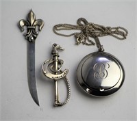 LOT OF SILVER COMPACT, BROOCH & OPENER