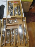 (2) WOODEN ADJUSTABLE TRAYS WITH FLATWARE