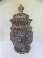 ASIAN INSPIRED CARVED WOOD COVERED JAR