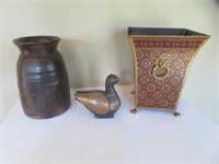 3PC HOME DECOR - DUCK, METAL WASTE CAN AND