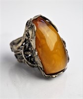 LARGE SILVER AND AMBER RING