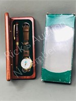 QCL wrist watch & pen set in wood box - quartz