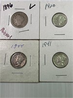 Lot of Mixed Coins 3 Silver Mercury Dimes & 1 V-