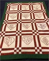 Hand Embroidered Hearts & Flowers Quilt