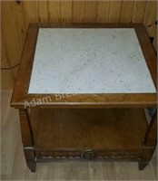 Two vintage wood tile top end tables, 24 x 24 x