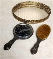 Vintage makeup tray with mirror and brush