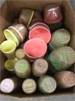 Large box of colorful plastic weld and glassware,