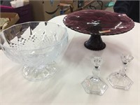 Crystal bowl, candleholders, vintage cake plate