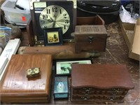 Wooden jewelry boxes, pioneer clock, shelf,