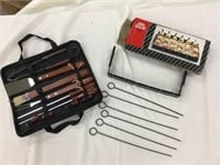 Barbecue utensils with case, shish kabob rack and