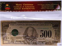 CERTIFIED .9999 GOLD FOIL 500 DOLLAR NOTE