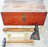 Wooden Toolbox, Hatchet, Folding Rule, Hammer