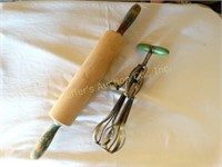 Vintage Green handled hand mixer & rolling pin