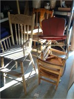 2 Wood Highchairs, 2 wood childs chairs, 1 metal
