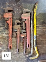 Lot of Pipe Wrenches & Crow Bars