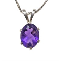 Sterling silver oval cut amethyst pendant with