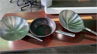 3 wok Pans. 2 rounded bottoms to go with elec.