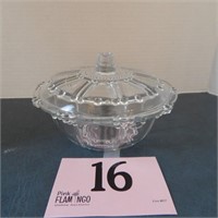 PRESSED GLASS LIDDED CANDY DISH 7IN