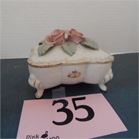 FOOTED LIDDED BOX WITH ROSE APPLIQUES 5IN