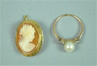 14K PEARL & DIAMOND RING AND AN 18K CAMEO