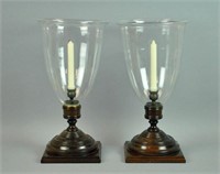 PAIR LARGE GLASS & WOOD HURRICANE CANDLE LAMPS