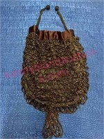 Nice old beaded cinch evening bag / purse (brown)
