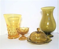 Amber Glass Vases & Butter Dish